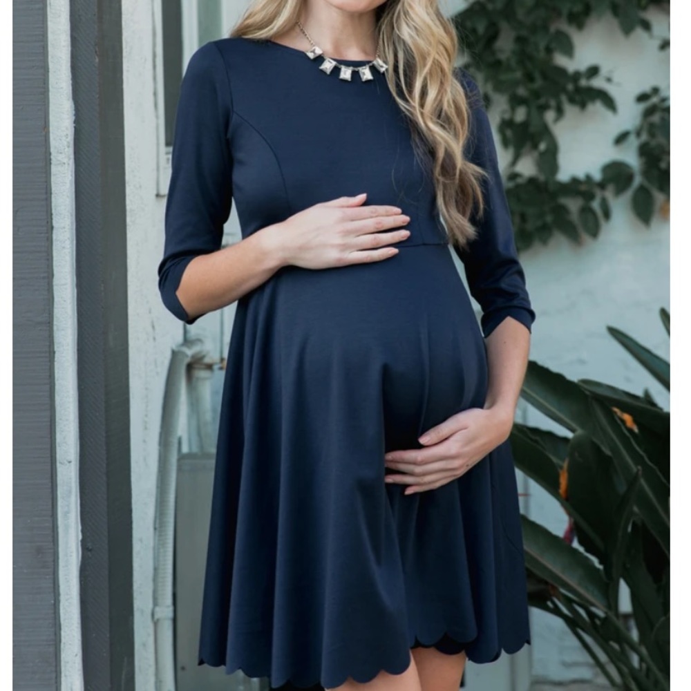 Navy blue scalloped hem maternity dress